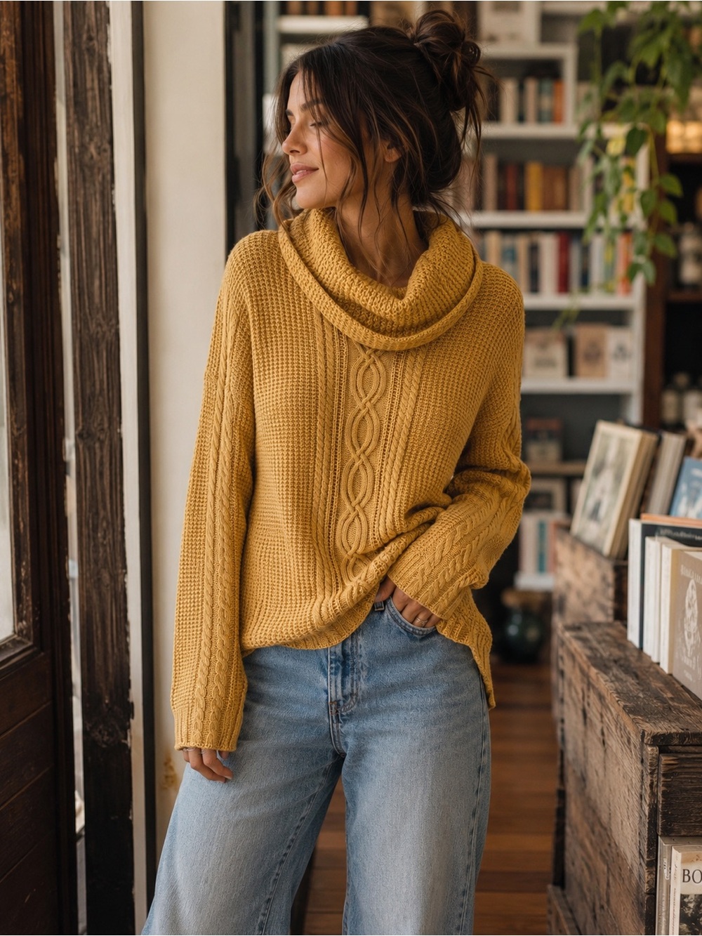 Jeanne Pierre Cable Knit Cowl Neck 100% Cotton Sweater Mustard Yellow L